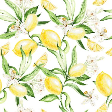 Lemon fruit and tropical leaves, seamless patterns on white background, watercolor illustration, hand drawing