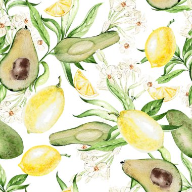 Avocado  and lemon fruit, tropical leaves, seamless patterns on white background, watercolor illustration, hand drawing