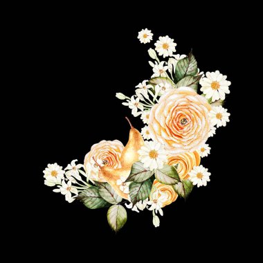 Pears fruit and ranunculus, chamomile  flowers, wreath on black background, watercolor illustration, hand drawing