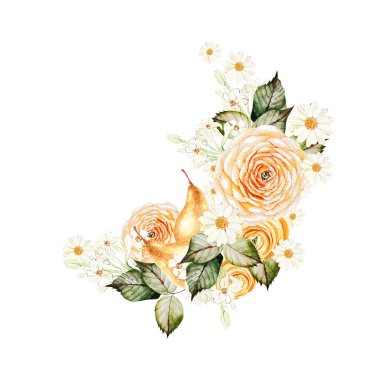 Pears fruit and ranunculus, chamomile  flowers, wreath on white background, watercolor illustration, hand drawing
