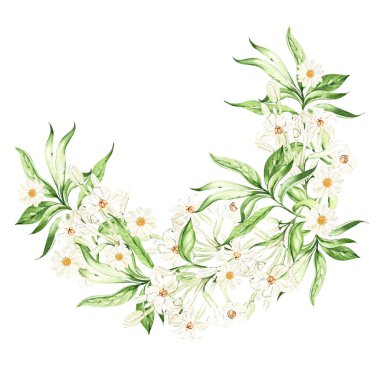 Tropical leaves, flowers,  wreath on white background, watercolor illustration, hand drawing