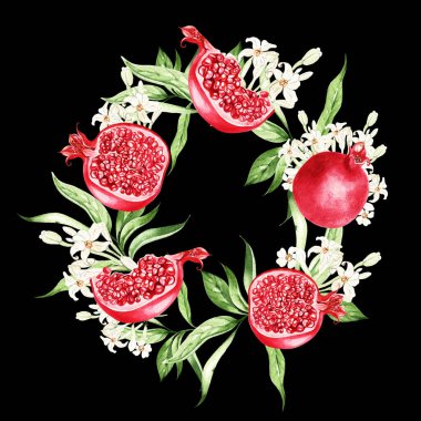 Nar meyveleri, siyah arkaplanda yapraklar, suluboya çizimler, el çizimleri.