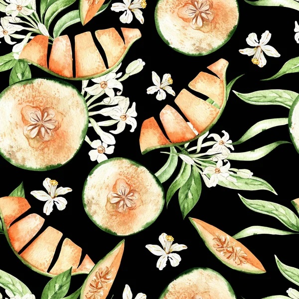 Melon Seamless Patterns Black Background Watercolor Illustration Hand Drawing — Stock Photo, Image