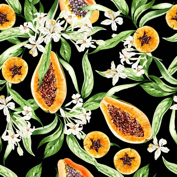 Papaya Fruit Leaves Seamless Patterns Black Background Watercolor Illustration Hand — Stock Photo, Image