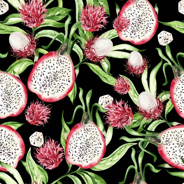 Smocze Owoce Rambutan Tropikalne Liście Bezszwowe Wzory Czarnym Tle Ilustracja — Zdjęcie stockowe