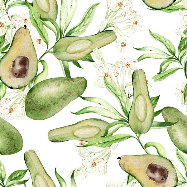 Avocado Fruit Tropical Leaves Seamless Patterns White Background Watercolor Illustration — Stock Photo, Image