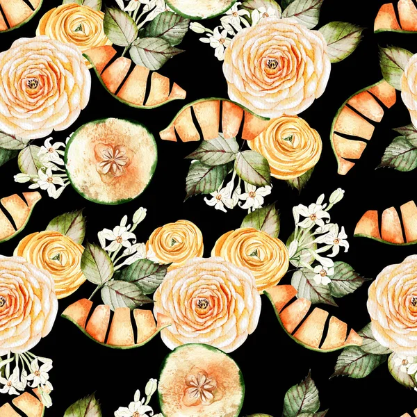 Melonenfrucht Nahtlose Muster Auf Schwarzem Hintergrund Aquarell Illustration Handzeichnung — Stockfoto