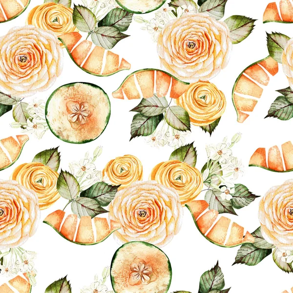 Owoc Melona Bezszwowe Wzory Białym Tle Ilustracja Akwarela Rysunek Dłoni — Zdjęcie stockowe