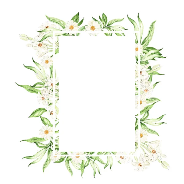 Tropical Leaves Flowers Card White Background Watercolor Illustration Hand Drawing — Stockfoto