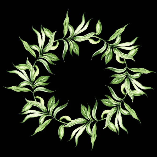 Τροπικά Φύλλα Στεφάνι Μαύρο Φόντο Ακουαρέλα Εικονογράφηση Χέρι Σχέδιο — Φωτογραφία Αρχείου