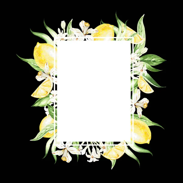 Tropical Lemon Fruits Leaves Flowers Card Black Background Watercolor Illustration — Stockfoto