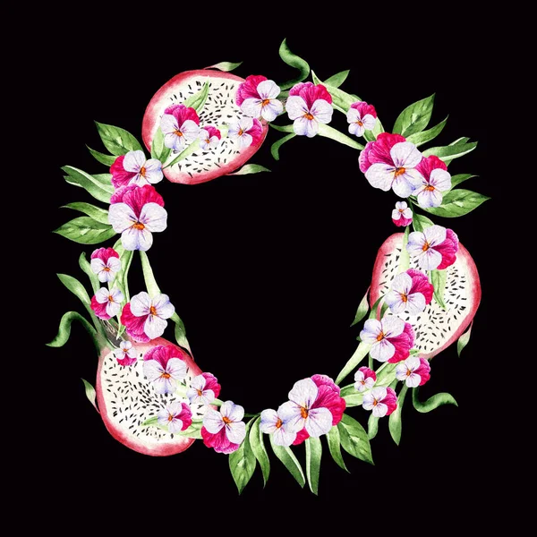 Dragon Fruit Tropical Leaves Wreath Black Background Watercolor Illustration Hand — Stockfoto