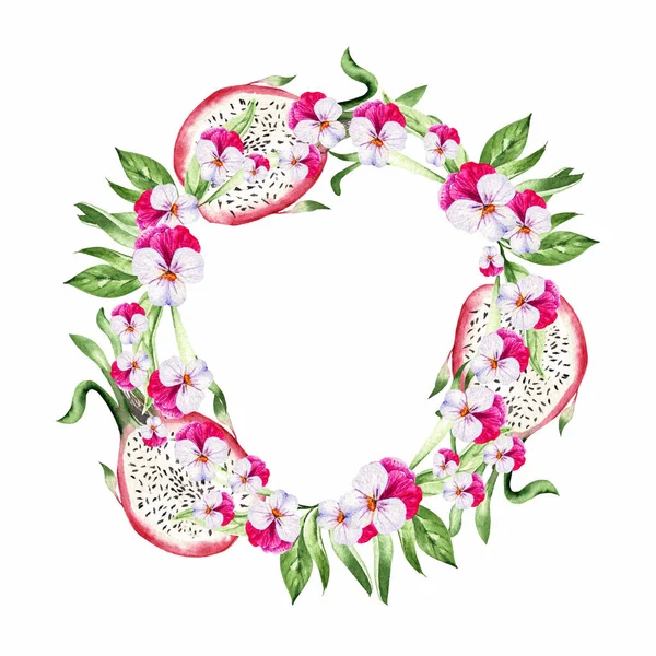 Dragon Fruit Tropical Leaves Wreath White Background Watercolor Illustration Hand — Stockfoto