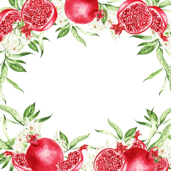 Pomegranate Fruits Leaves Card White Background Watercolor Illustration Hand Drawing — Fotografia de Stock