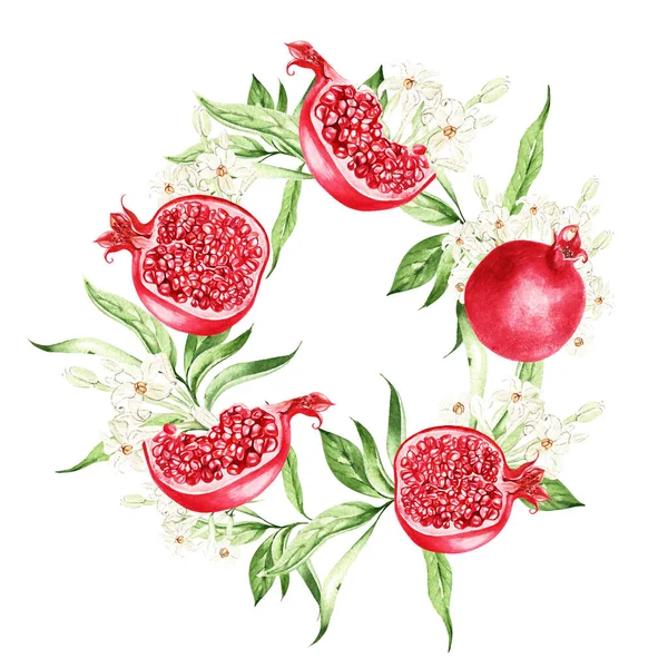 Pomegranate Fruits Leaves Wreath White Background Watercolor Illustration Hand Drawing — Foto de Stock