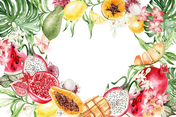 トロピカルフルーツ スイカ レモン アボカド ドラゴンフルーツ ザクロ マンゴー ランの花と葉白い背景にカード 水彩イラスト 手描き — ストック写真