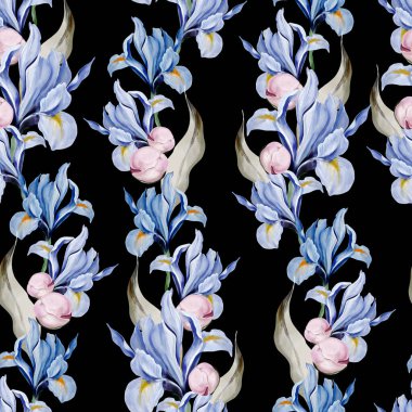 Peony and iris seamless pattern, green leaves. Floral wedding card. watercolor illustration