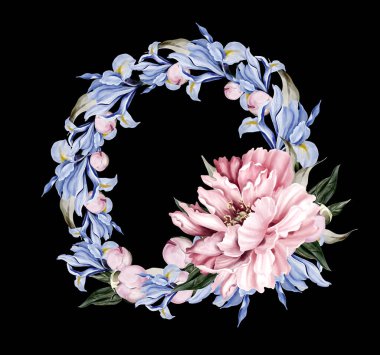 Peony and iris wreath, green leaves. Floral wedding card. watercolor illustration