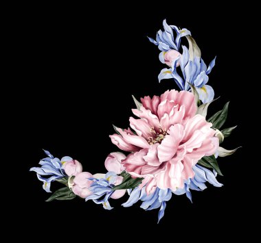Peony and iris wreath, green leaves. Floral wedding card. watercolor illustration