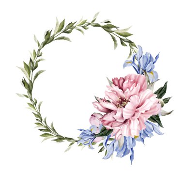 Peony and iris wreath, green leaves. Floral wedding card. watercolor illustration