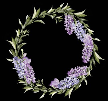 Crocus wreath and geocinth, green leaves. Floral wedding card. watercolor illustration