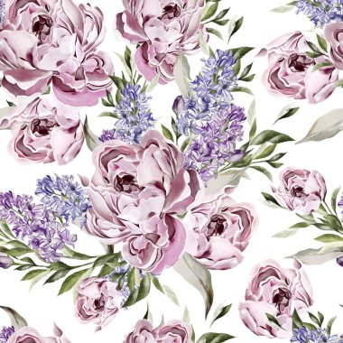 Seamless pattern of peony and geocinth, green leaves. Floral wedding card. watercolor illustration