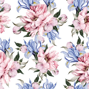 Seamless pattern of peony and crocus, green leaves. Floral wedding card. watercolor illustration