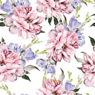 Seamless pattern of peony and crocus, green leaves. Floral wedding card. watercolor illustration