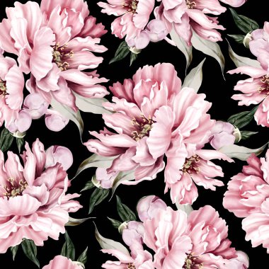 Peony seamless pattern, green leaves. Floral wedding card. watercolor illustration