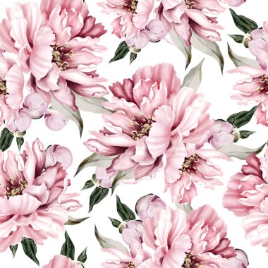 Peony seamless pattern, green leaves. Floral wedding card. watercolor illustration