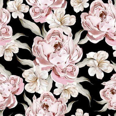 Peony seamless pattern, green leaves. Floral wedding card. watercolor illustration