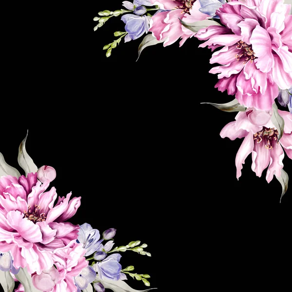 Pivoine Fleur Iris Feuilles Vertes Carte Mariage Floral Illustration Aquarelle — Photo