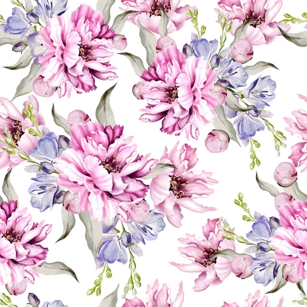 Peony Iris Seamless Pattern Green Leaves Floral Wedding Card Watercolor — Fotografia de Stock