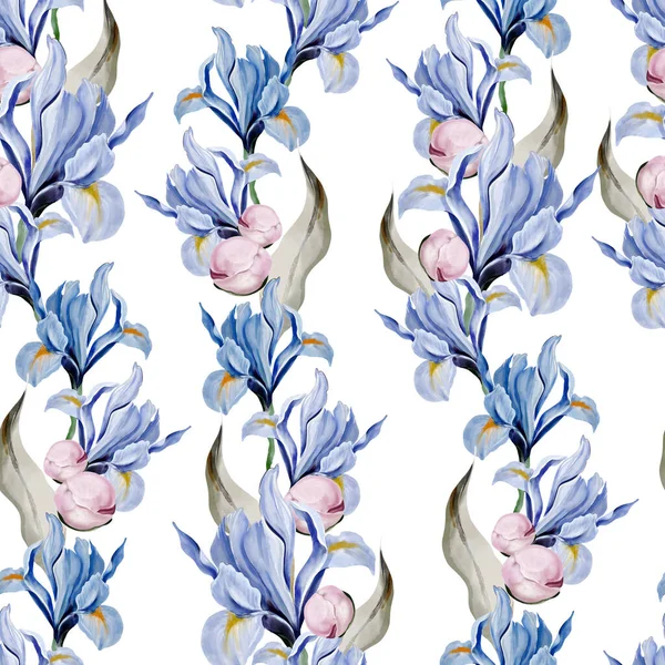 Peony Iris Seamless Pattern Green Leaves Floral Wedding Card Watercolor — 图库照片