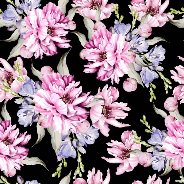 Peony Iris Seamless Pattern Green Leaves Floral Wedding Card Watercolor — Stockfoto