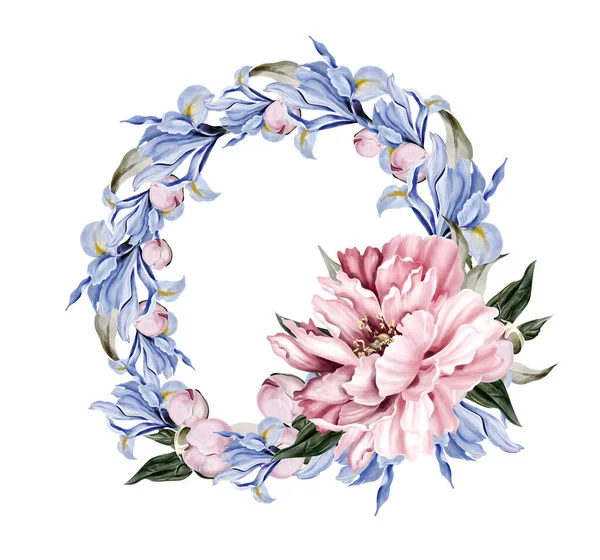Peony Iris Wreath Green Leaves Floral Wedding Card Watercolor Illustration — Fotografia de Stock