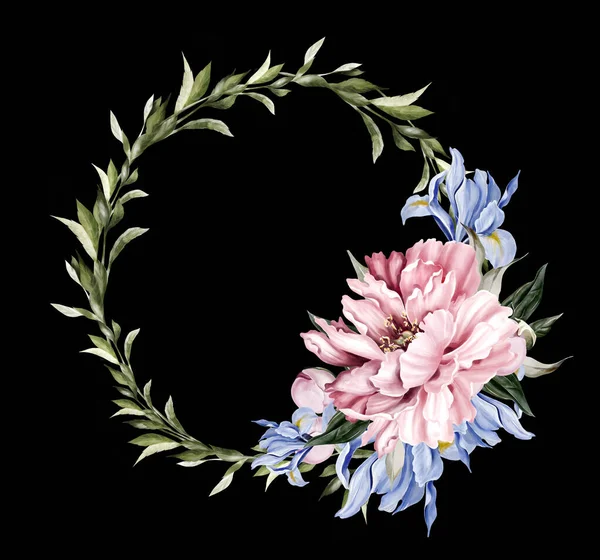 Peony Iris Wreath Green Leaves Floral Wedding Card Watercolor Illustration — Zdjęcie stockowe