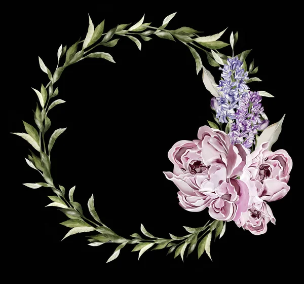 Peony Iris Wreath Green Leaves Floral Wedding Card Watercolor Illustration — Stockfoto