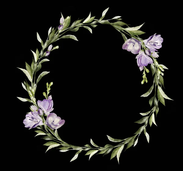 Crocus Wreath Green Leaves Floral Wedding Card Watercolor Illustration — Photo