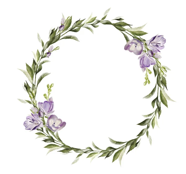 Crocus Wreath Green Leaves Floral Wedding Card Watercolor Illustration — Zdjęcie stockowe