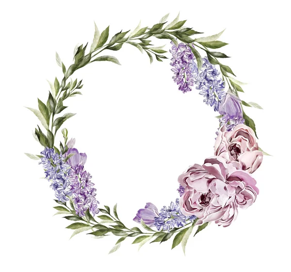 Peony Iris Wreath Green Leaves Floral Wedding Card Watercolor Illustration — Stok fotoğraf