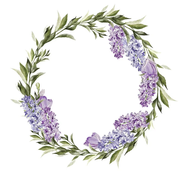 Peony Iris Wreath Green Leaves Floral Wedding Card Watercolor Illustration — Fotografie, imagine de stoc