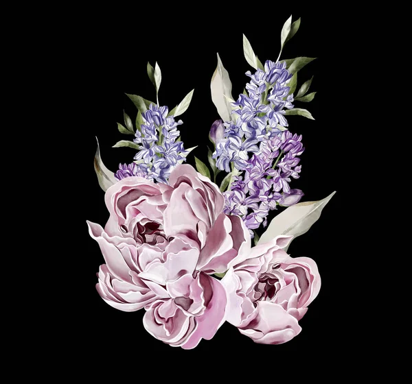 Bouquet Peony Geocinth Green Leaves Floral Wedding Card Watercolor Illustration —  Fotos de Stock