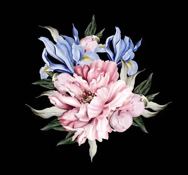 Bouquet Peony Iris Green Leaves Floral Wedding Card Watercolor Illustration —  Fotos de Stock