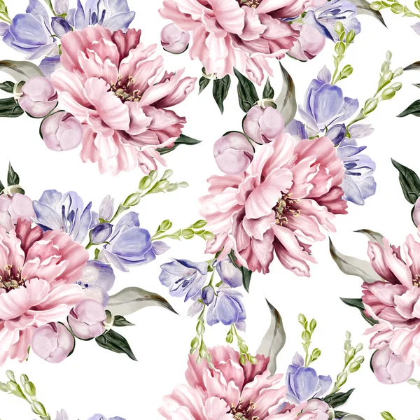 Seamless Pattern Peony Crocus Green Leaves Floral Wedding Card Watercolor — Stockfoto