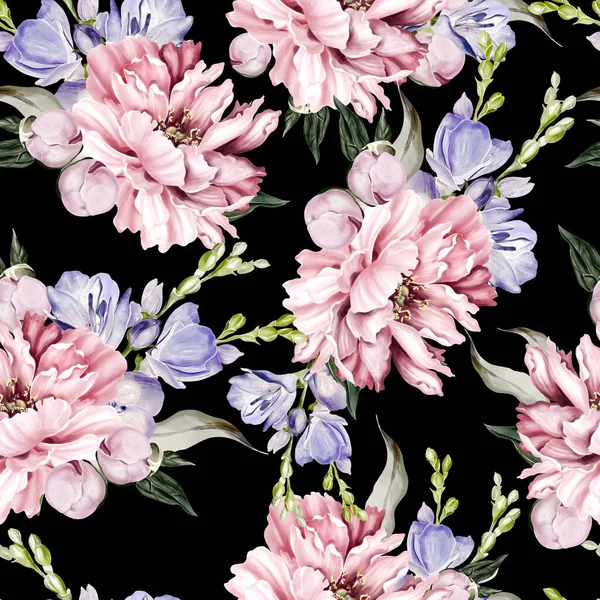 Nahtloses Muster Aus Pfingstrose Und Krokus Grüne Blätter Florale Hochzeitskarte — Stockfoto