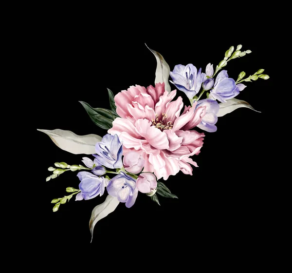 Bouquet Peony Iris Green Leaves Floral Wedding Card Watercolor Illustration — Stock Fotó