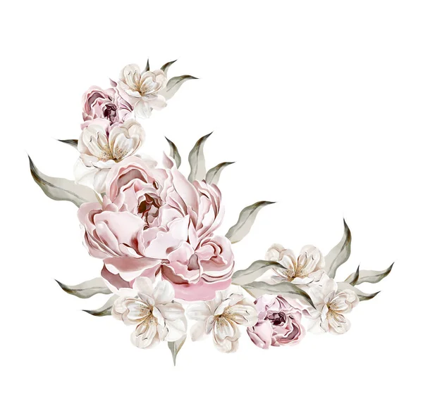 Wreath Peony Cherry Blossoms Green Leaves Floral Wedding Card Watercolor — Φωτογραφία Αρχείου