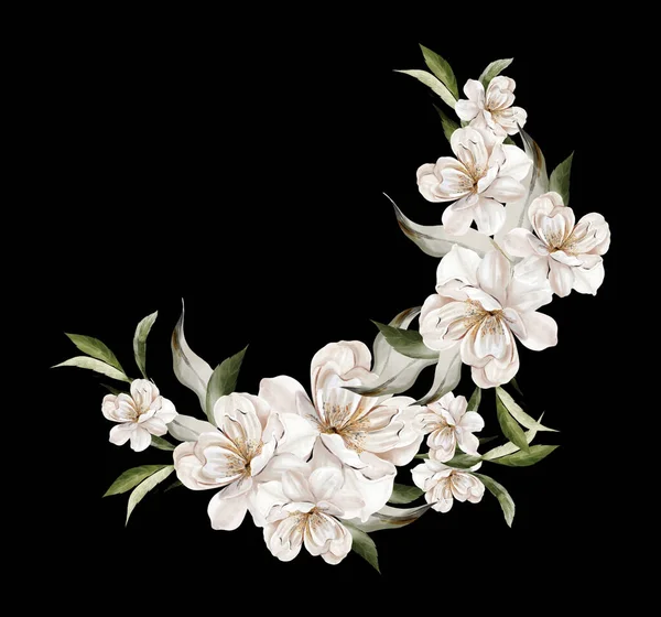 Corona Flores Cerezo Hojas Verdes Tarjeta Boda Floral Acuarela Ilustración —  Fotos de Stock