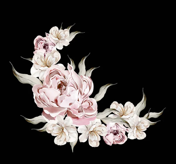 Kranz Aus Pfingstrosen Und Kirschblüten Grüne Blätter Florale Hochzeitskarte Aquarellillustration — Stockfoto
